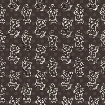 Seamless pattern of cute cat characters. Pet in love. Fishbone 스톡 일러스트