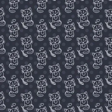 Seamless pattern of cute cat characters. Pet in love. Fishbone 스톡 일러스트