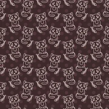 Seamless pattern of cute cat characters. Fishbone 스톡 일러스트