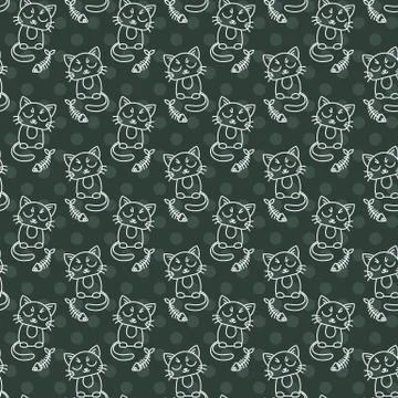 Seamless pattern of cute cat characters. Fishbone Stock Illustration