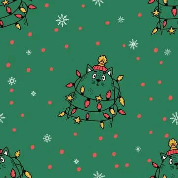 Seamless pattern with cute cat with Christmas garland on green background. .. Stock Illustration
