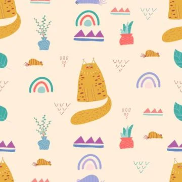 Seamless pattern with cute cat in doodle style on light background. Creative  Illustrazione stock