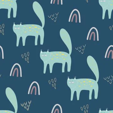 Seamless pattern with cute cat in doodle style on dark blue background. Creat Illustrazione stock