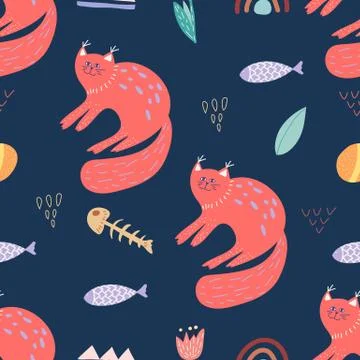Seamless pattern with cute cat in doodle style on dark blue background. Creat Illustrazione stock