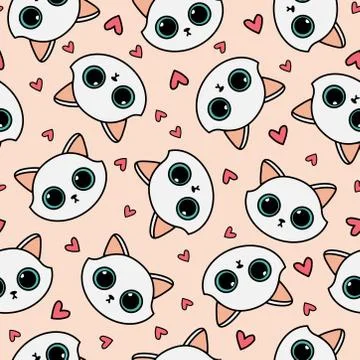 Seamless pattern with cute cat faces and hearts Stock Illustration