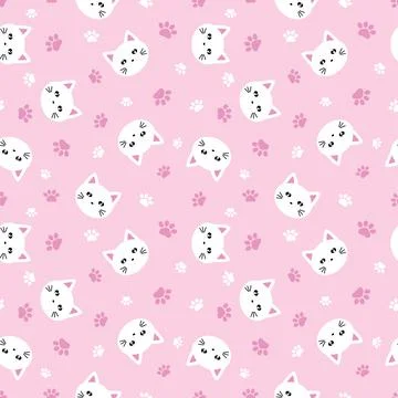 Seamless pattern cute cat faces and paws on pink background Stock Illustration