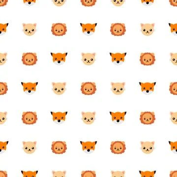 Seamless pattern with cute cat, lion and fox. Vector illustration for design. Stock Illustration