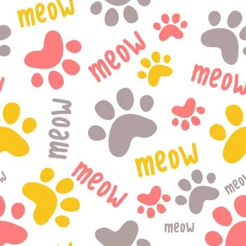 Seamless pattern with cute cat paws. Kitten inscription meow. Vector Stock Illustration