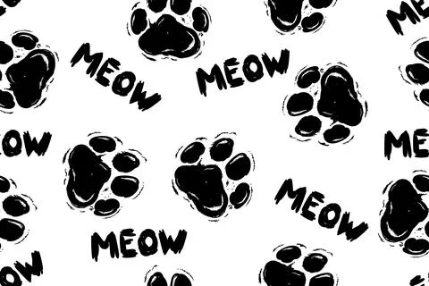 Seamless pattern with cute cat paws. Kitten inscription meow. Vector Stock Illustration
