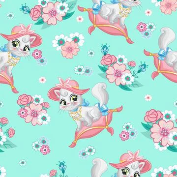 Seamless pattern cute cat on a pillow and flowers vector Stock Illustration