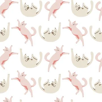 Seamless pattern with cute cat. Playing cat. Vector hand drawn illustration. Stock Illustration