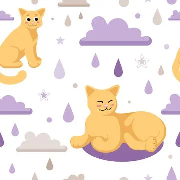 Seamless pattern cute cat purple clouds stars drops. Vector childrens illustr イラスト素材