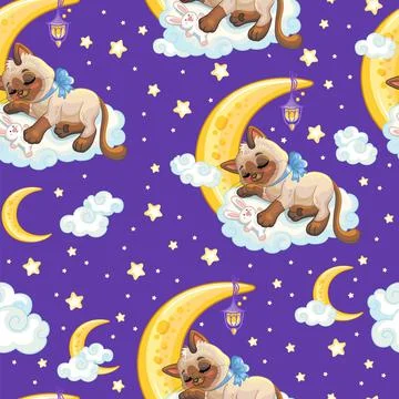 Seamless pattern cute cat sleeping on a moon vector Illustrazione stock
