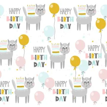 Seamless pattern with cute cat,cake, balloons and lettering Happy Birthday. V Illustrazione stock