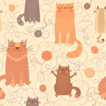 Seamless pattern with cute cats and balls of yarn Stock Illustration