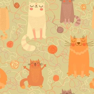 Seamless pattern with cute cats and balls of yarn Stock Illustration