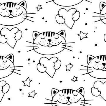 Seamless pattern with cute cats and hearts. Stock Illustration