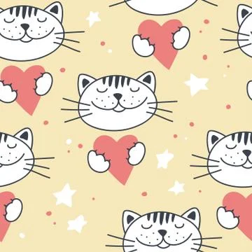 Seamless pattern with cute cats and hearts. Stock Illustration