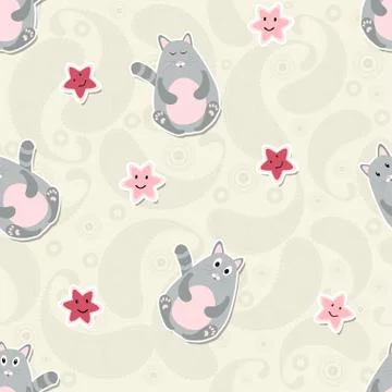 Seamless pattern with cute cats and stars 스톡 일러스트