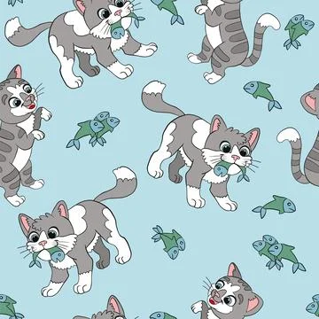 Seamless pattern with cute cats and fishes vector illustration Stock Illustration