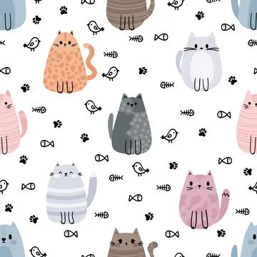 Seamless pattern with cute cats and kittens. Doodle characters. Design for .. Stock Illustration