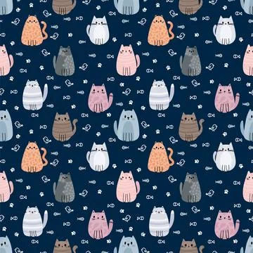 Seamless pattern with cute cats and kittens on dark background. Doodle char.. Stock Illustration