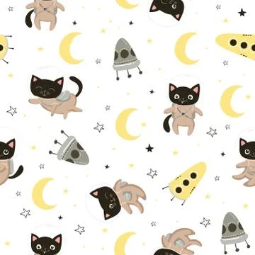 Seamless pattern with cute cats astronauts in helmets. Seamless background fo Stock Illustration