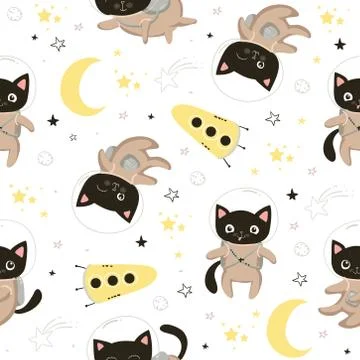 Seamless pattern with cute cats astronauts in helmets. Seamless background for Stock Illustration