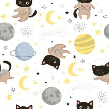 Seamless pattern with cute cats astronauts in helmets. Seamless background for Stock Illustration