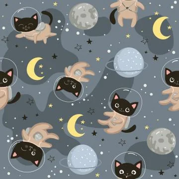 Seamless pattern with cute cats astronauts in helmets. Seamless background for Stock Illustration