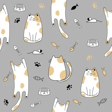Seamless pattern with cute cats . Creative kids hand drawn texture Vector Illustrazione stock