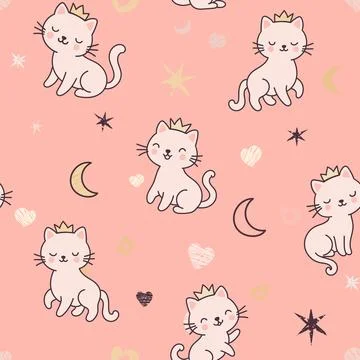 Seamless pattern with cute cats in the crown, with glitter. Pattern for gir.. Stock Illustration