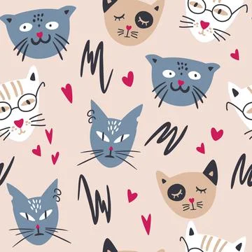 Seamless pattern with cute cats. Hand drawn difference cats faces background. Stock Illustration