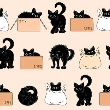 Seamless pattern of cute cats hiding in a bag and box. Fat cute cat lifestyle Stock Illustration