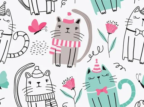 Seamless pattern with cute cats. Illustrazione stock