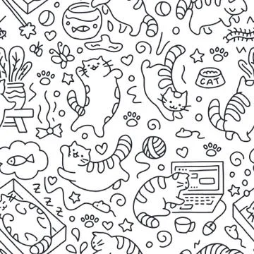 Seamless pattern with cute cats line drawing. Playful kitten background, cat Stock Illustration