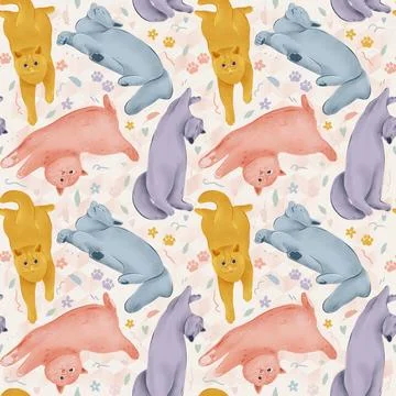 Seamless pattern with cute cats or kittens Tiled background diverse domestic Stock Illustration