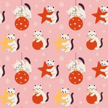Seamless Pattern of Cute Cats Playing with Christmas Ornaments Illustrazione stock