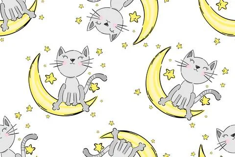 Seamless Pattern Cute Cats Sleeping on the moon, Cartoon Animals stars Illustrazione stock