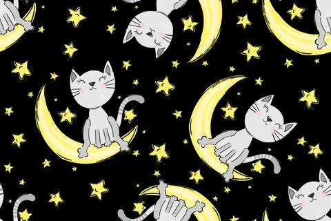 Seamless Pattern Cute Cats Sleeping, Cartoon Animals Background, Vector Illustrazione stock