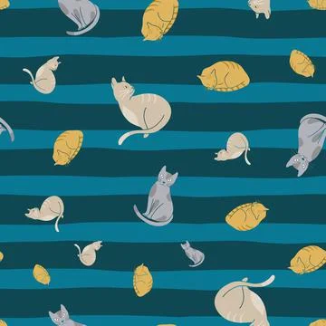 Seamless pattern with cute cats on turquoise green stripes background Stock Illustration