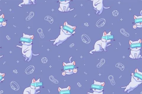 Seamless pattern with cute cats with VR devices in a virtual reality space Illustrazione stock