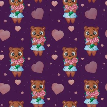Seamless pattern. Cute character bear - a girl with a bouquet of pink flowers Stock Illustration