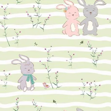 Seamless pattern with cute character of bunnies happy on violet garden Stock Illustration
