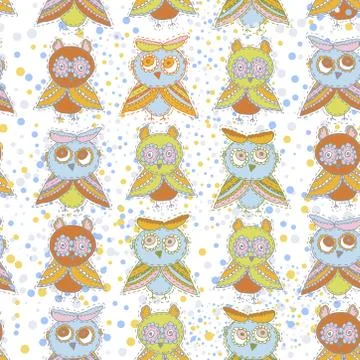 Seamless pattern Cute characters Cartoon owls and owlets birds sketch doodle  Stock Illustration