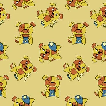 Seamless pattern, cute cheerful dog, vector illustration yellow background em Illustrazione stock