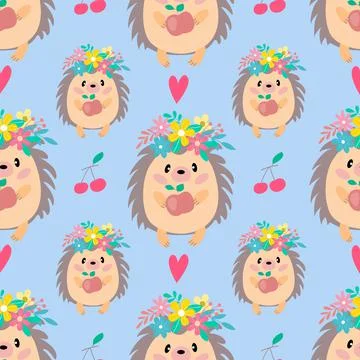 Seamless pattern with a cute cheerful hedgehog Stock Illustration