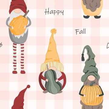Seamless pattern with cute cheerful Scandinavian gnomes with pumpkins. Than.. Stock Illustration