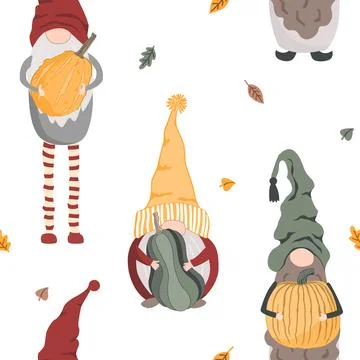 Seamless pattern with cute cheerful Scandinavian gnomes with pumpkins. Than.. Stock Illustration