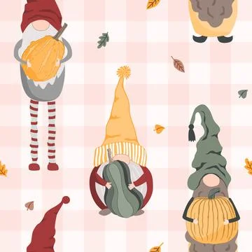 Seamless pattern with cute cheerful Scandinavian gnomes with pumpkins. Than.. Stock Illustration